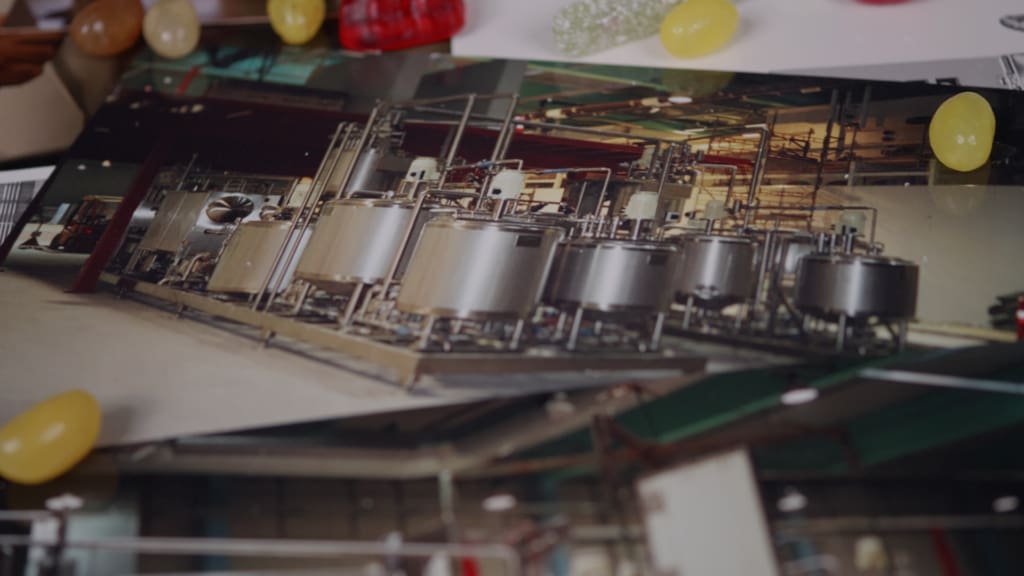 Archival photo of an early Vomatec confectionery system with stainless steel tanks and piping